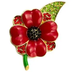 

2.2 Inch Gold Tone Red Enamel and Rhinestone Crystal Poppy Flower Brooch with Leaf