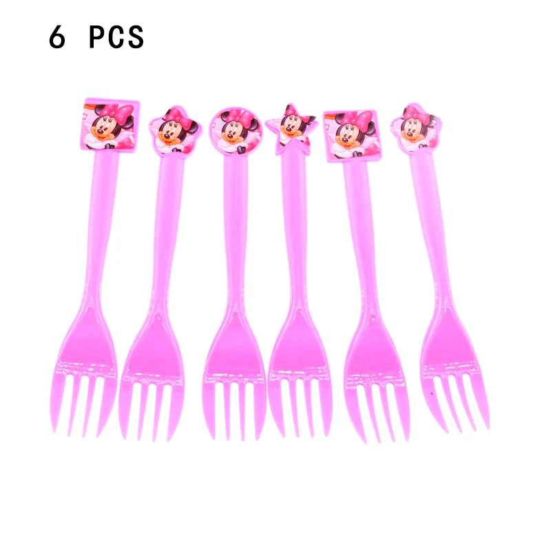 6pcs forks Бумажные тарелки и Соломки с изображением Минни Маус, украшения для торта на день рождения, праздничные украшения для девочек, вечерние принадлежности для душа, свадебные приглашения - Цвет: 6pcs forks