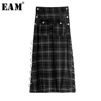 

[EAM] High Waist Black Plaid Vent Hollow Out Temperament Half-body Skirt Women Fashion Tide New Spring Autumn 2020 1S472