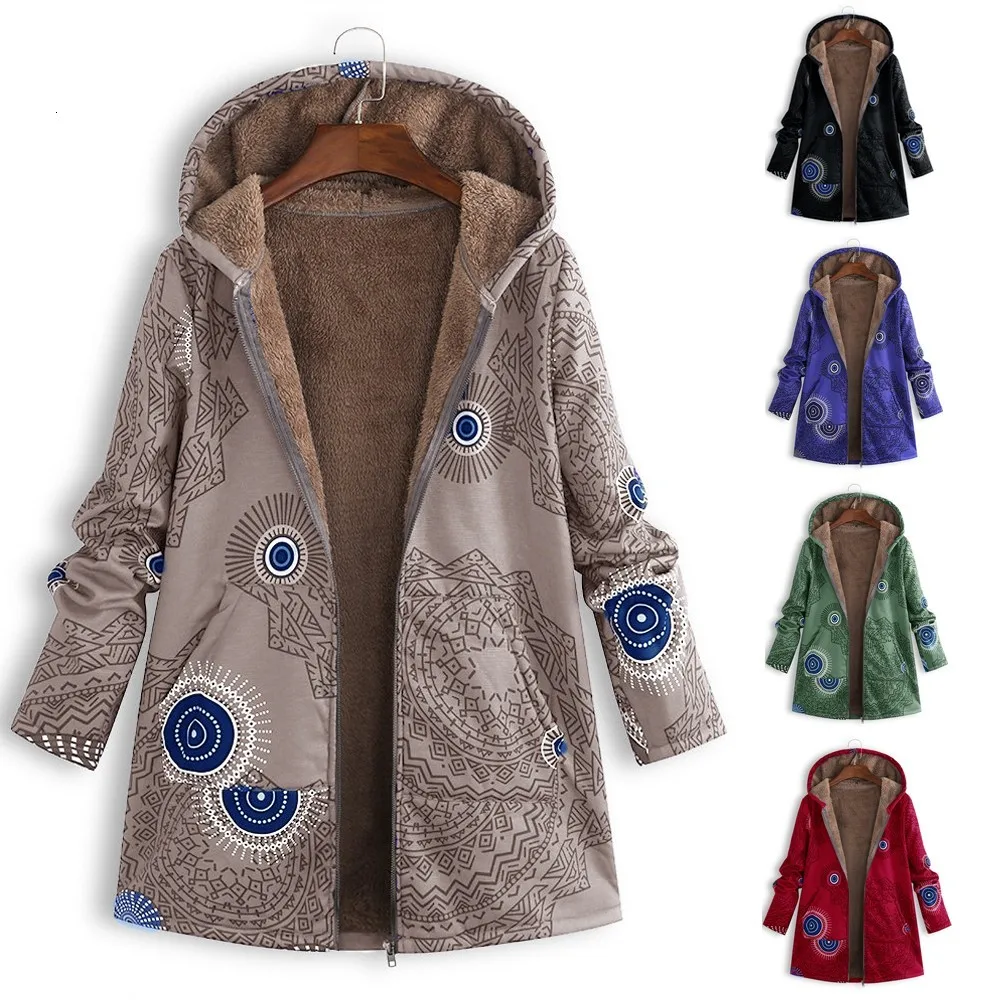 Женское пальто с принтом, зимнее теплое винтажное пальто с карманами, пальто с капюшоном, Женская Повседневная Верхняя одежда, флисовая куртка размера плюс
