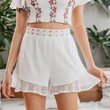 

Simplee Ruffle mid waist lace women mujer shorts Beach style flower pattern polyester ladies shorts Micro-bomb lined shorts
