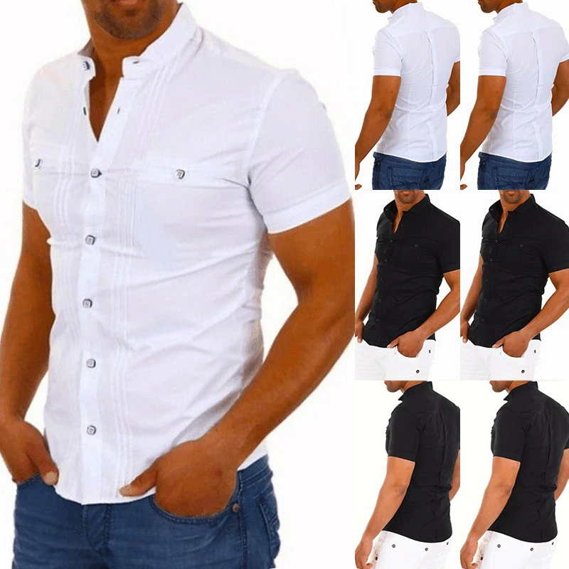 Men V Neck Formal Slim Fit Solid Shirt Tops 2019 Clothes For Men Black White Mens Summer Casual Short Sleeve Button Down Shirts