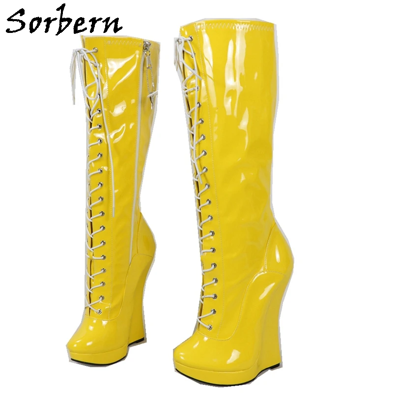 

Sorbern Mid Calf Women Boots Fashion Unisex Wedges 18CM Lace Up Plus Size Zipper Side Real Image Platform Patent Leather Custom