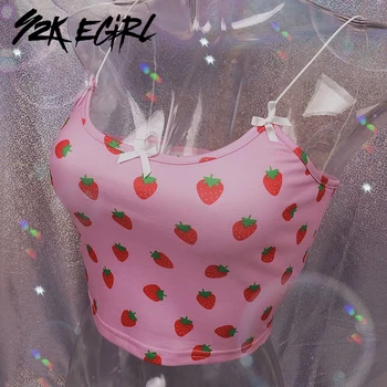 

Y2K EGIRL Spaghetti Strap Strawberry Print Summer Crop Tops Kawaii Summer Backless Pink Camis Tops Streetwear Women 90s Cute Top