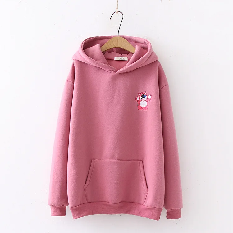 deep pink Осень-зима, корейский стиль, для девочек, с капюшоном, милый мультяшный медведь, вышивка, хлопок, Женская свободная толстовка с капюшоном, Повседневный пуловер, топы - Цвет: deep pink