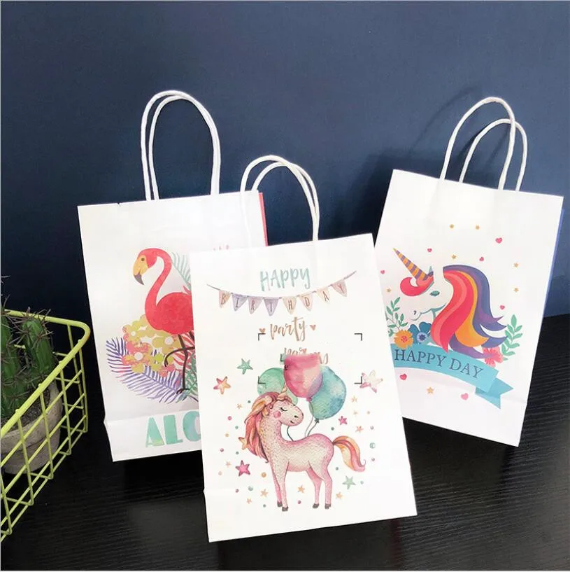 

30pcs Cute Unicorn Paper Bag With Handle Flamingo Kraft paper Bag For Gift Small Party Favor Bags