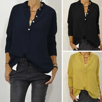 

ZANZEA Women's Blouse 2020 Spring Office Lady Work OL Shirts Tops Plus Size Female Casual Cotton Solid Tunic Stand Collar Blusas