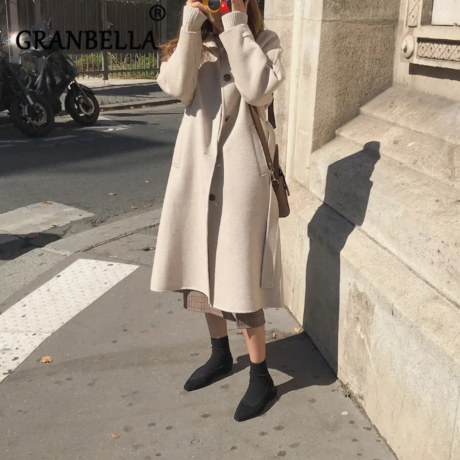 

Chic Korean Long Fabric Waist Belt Full Sleeve Solid Color Elegant Women Coat Turn-down Collar Female Woolen Coats
