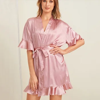 

Summer short robe women bathrobe pink faux silk home wear night dress kimono ruffle sexy sleepwear robe bridesmaid gown DR1837