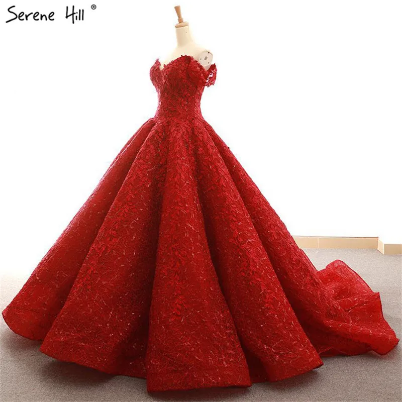 Serene Hill Dubai Designer Red Strapless Sexy Wedding Dress Fashion Vintage Appliques Sequins Lastest Bridal Gown C66601