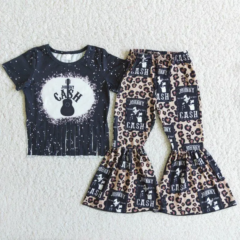 

Fashion Design Girl Set Black Tassel T-shirt Guitar Pattern White Tie Dye Leopard Print Singer Print Bell Pants Girls Boutique
