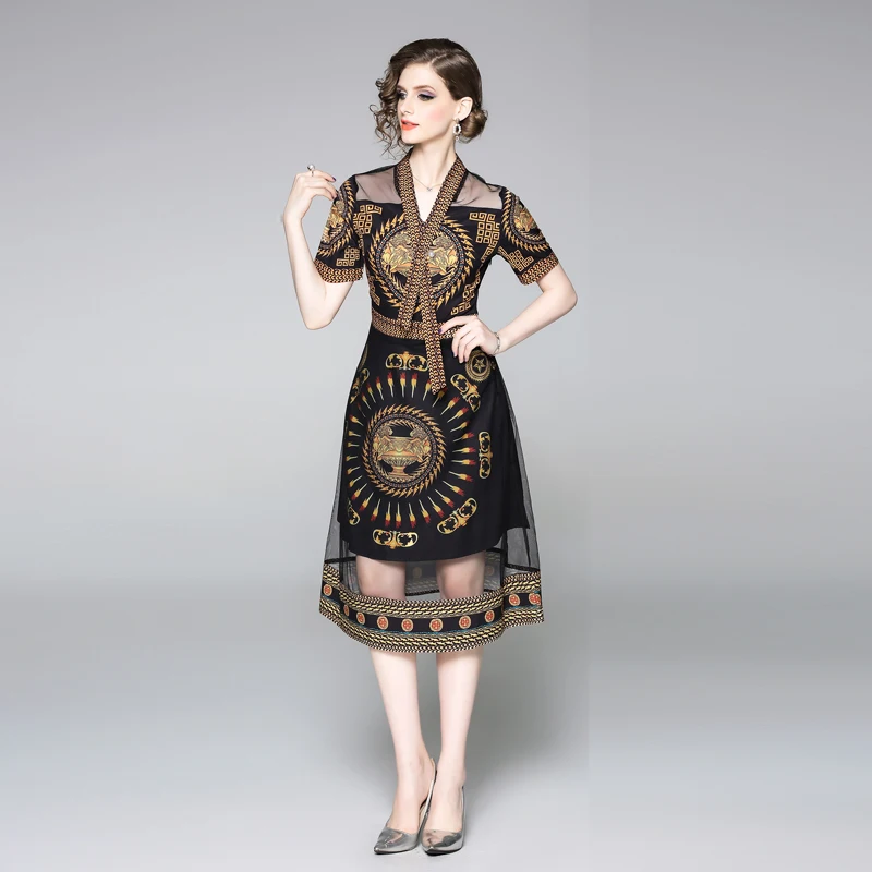 

Summer new European and American women's lace v-neck short-sleeved waist long mesh dress