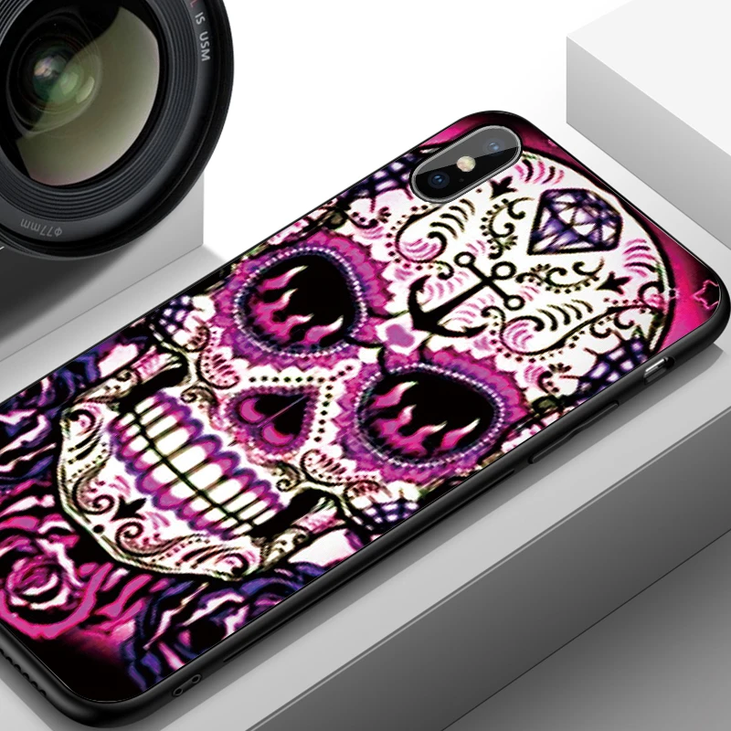 Чехол для телефона для Iphone XS Max XR X 8 7 6 6S Plus 11 Pro 5 s SE, силиконовая задняя крышка из ТПУ с цветочным принтом и сахарным черепом