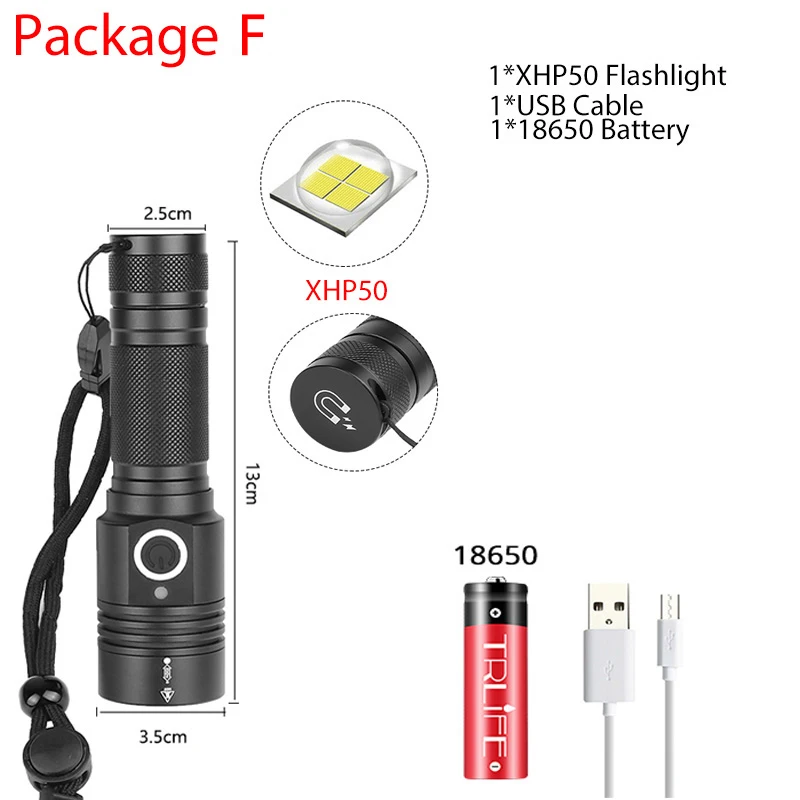 Самый мощный светодиодный фонарь XHP70.2 XHP50, водонепроницаемый фонарь, перезаряжаемый через USB, фонарь с зумом для кемпинга, рыбалки, с 18650, 26650 b - Испускаемый цвет: F