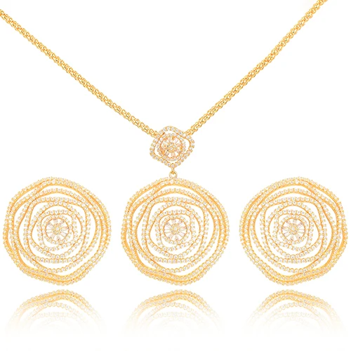 missvikki 2PCS Hot Luxury Dubai Bridal Wedding Round Pendant Earrings Necklace Jewelry Set Super CZ New Design Fashion Jewelry - Окраска металла: Gold