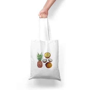 

Canvas Women Casual Shopping Bag Daily Use Reusable Greocery Bag Pouch Coconut Pineapple Print Summer Beach Travel Tote Bag
