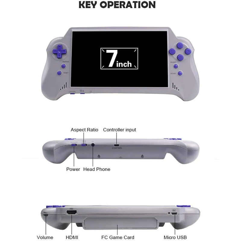 7 Inch Handheld Game Console with Game Card Support 4K HD HDMI TV Output/2 Player Game for FC/GBA/N