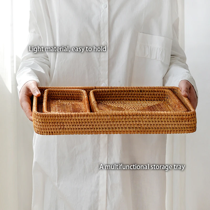 Handwoven Rattan Storage Tray Square Wicker Basket Bread Food Plate Fruit Cake Platter Dinner Serving Tray Kitchen Decoration wooden serving tray,kitchen tray,bamboo organizer tray
