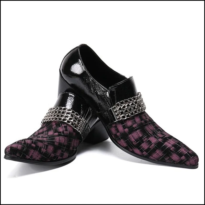 Модные мужские туфли на высоком каблуке с острым носком без застежки; лакированные кожаные лоферы в стиле панк с металлической отделкой; мужские вечерние туфли ручной работы на плоской подошве; SL860