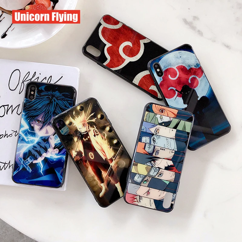 

LinXiang Japanese Anime Naruto Sasuke Luminous Tempered Glass Phone Case Back Cover For iphone 6 6s 7 8 Plus X XS Max XR