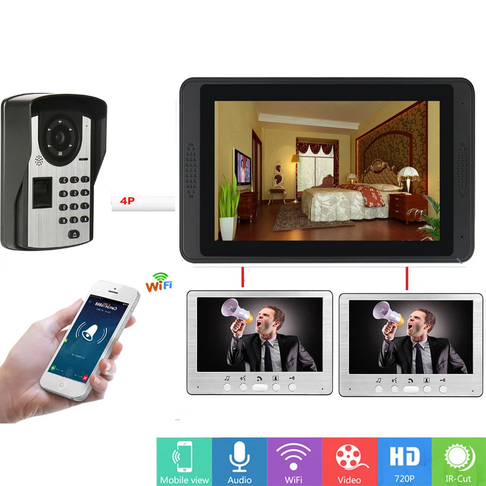 SmartYIBAWiFi Smart Home Doorbell+3 Monitors Remote/Fingerprint/Password Unlock Wired WIFI Security House Bell Video Intercom