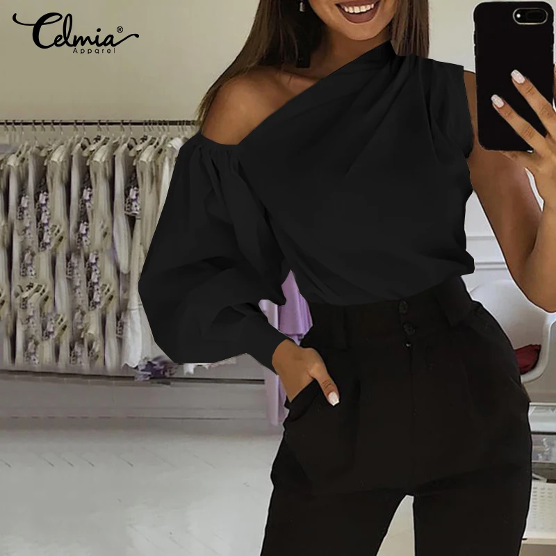 Loose Tops Office-Shirts Blouse Casual Celmia Long-Sleeve Off-Shoulder Plus-Size Blusas