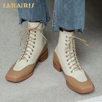 

Sarairis Brand New 2020 Genuine Leather Comfy Ankle Booties Woman Shoes Shoelace INS Trendy Fashion Boots Woman Shoes