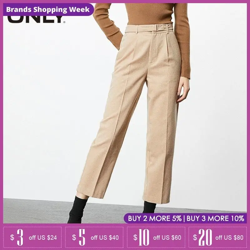 ONLY Women's Loose Straight Fit High-rise Woolen Crop Pants| 119314511 ONLY Women's Loose Straight Fit High-rise Woolen Crop Pants| 119314511