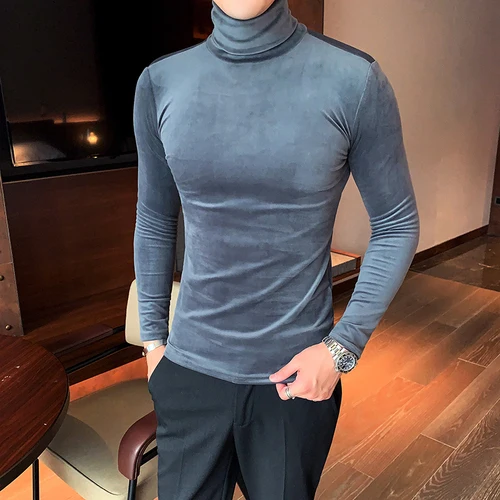 Азиатский размер Slim Fit стрейч бархат водолазка Мужская футболка с длинным рукавом осенние вечерние Нежные мужские - Цвет: Серый