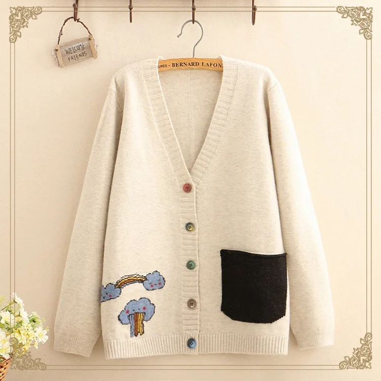 

V-neck button knit cardigan sweater coat female 2019 autumn new loose cartoon black cloud jacquard sweater female 9419090907