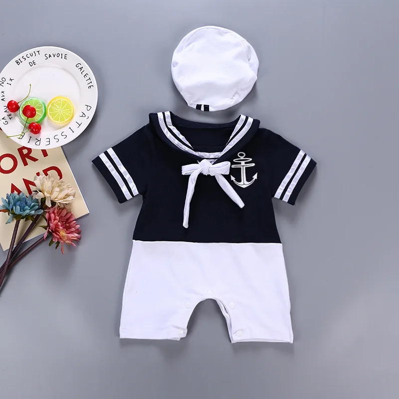 Baby Bodysuits medium New Fashion Summer Newborn Navy Style Baby Romper Kids Boys Girls Sailor Jumpsuit+Hat 2Pcs Body Short-sleeve Anchor Printed Suit Newborn Knitting Romper Hooded 