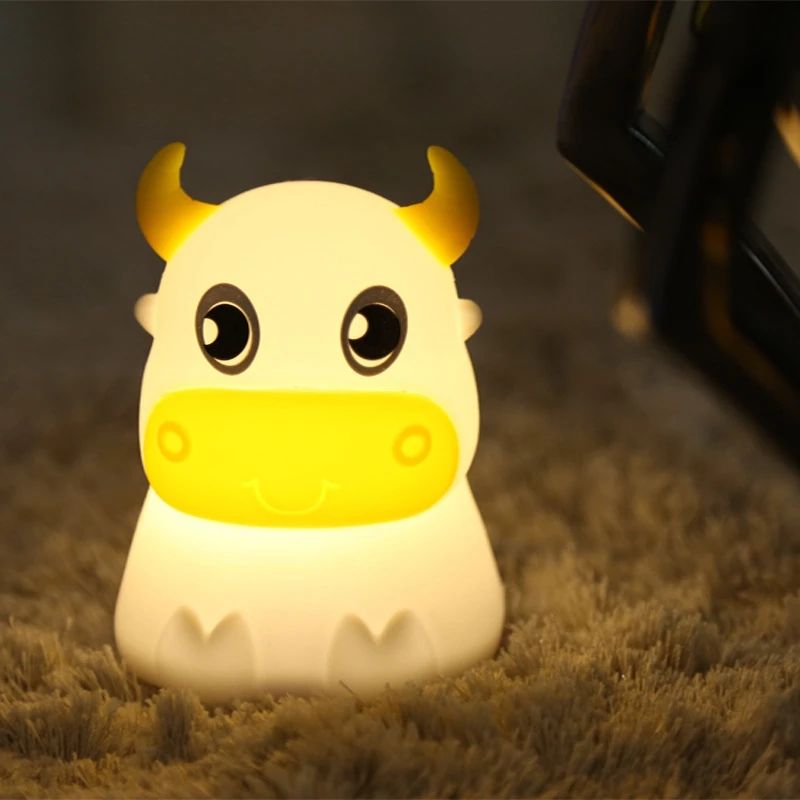 

Colorful Cow Silicone Night Light Rechargeable Pat Light Warm Bedroom Bedside Table Lamp