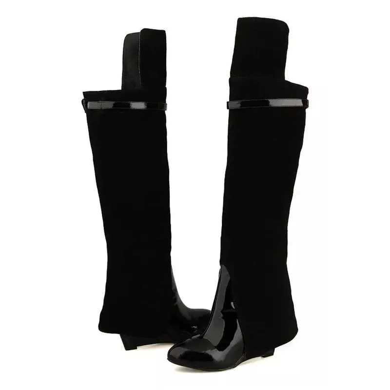 Chic Folded Woman Boots Round Toe Slip On Slim Mid Calf Bottes Narrow Belt Buckle High Wedges Heel Party Fashion Boots Women