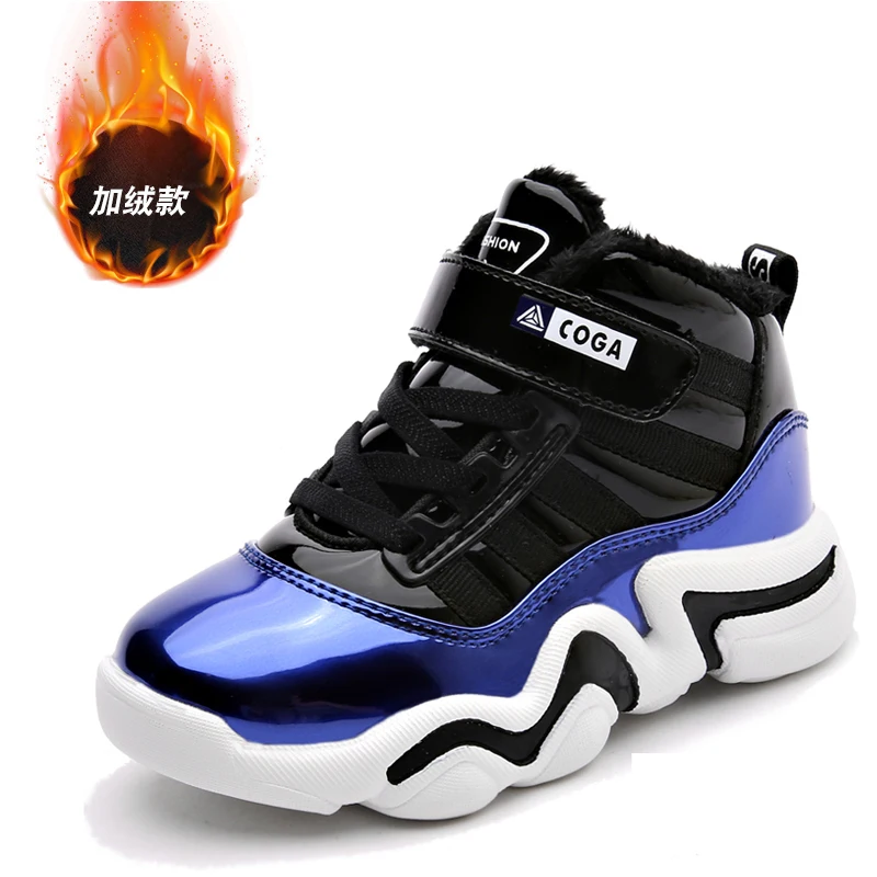 Black Blue Fur Hot Sal eBoy Basketball Kids Sneakers High Top Childrens Basket Shoes Winter Warm Fur Children Basketballs Sneakes Boy Girl - Цвет: Black Blue Fur