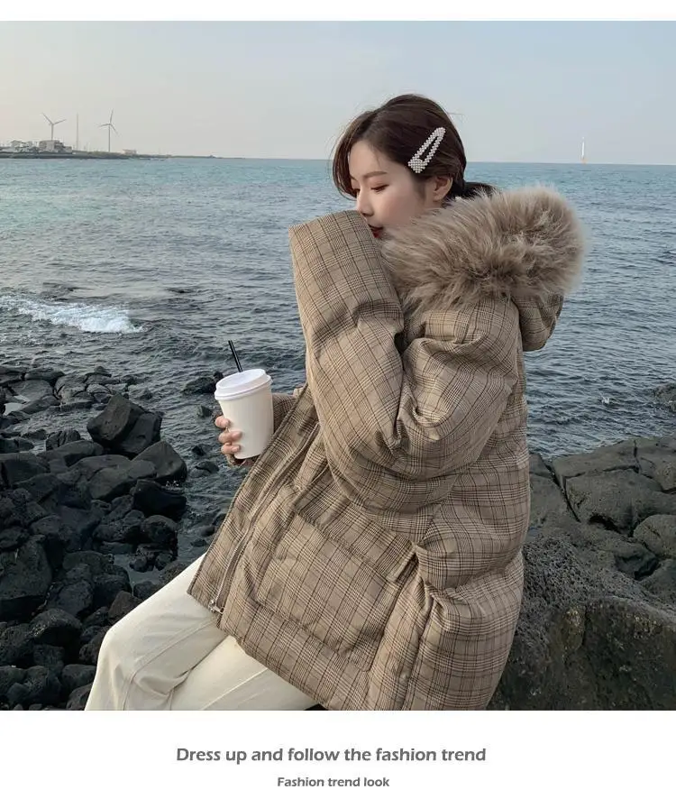Large Fur Collar Plaid Cotton Coat Women's Short Korean-style New Style Students down Coat CHIC Cotton-padded Jacket Loose