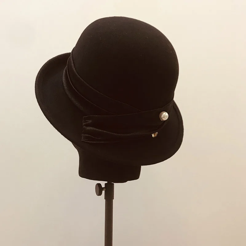 Eleagnt/Высококачественная Женская Бейсболка с меховым помпоном, жемчужная лента, теплая шерстяная зимняя дамская шляпа-колокол, церковная Свадебная шляпка