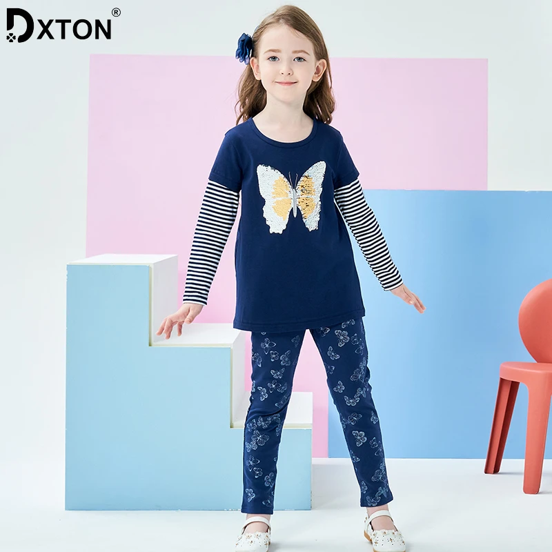 DXTON комплекты одежды для девочек детская зимняя футболка с длинными рукавами и штаны топы с бабочками и блестками, леггинсы комплект детской одежды из 2 предметов