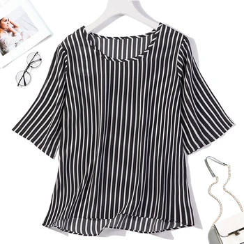 

Women's 100% Pure Silk Top Shirt Blouse crew Neck half sleeves black stripes size XL JN141