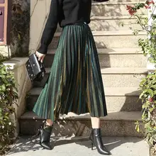 Женская плиссированная юбка миди в полоску с металлическими блестками на осень и зиму, Женская винтажная плиссированная юбка с высокой талией и блестками