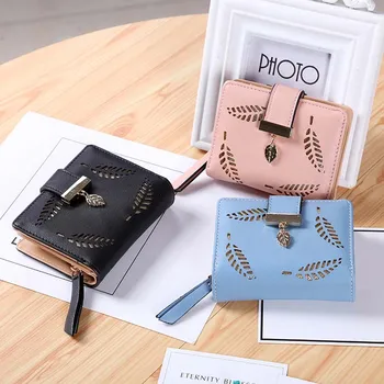 

11.7*10cm 2020 Women Fashion Hollow Out Hasp PU Leather Small Mini Short Design Purse With Photo Card Holder