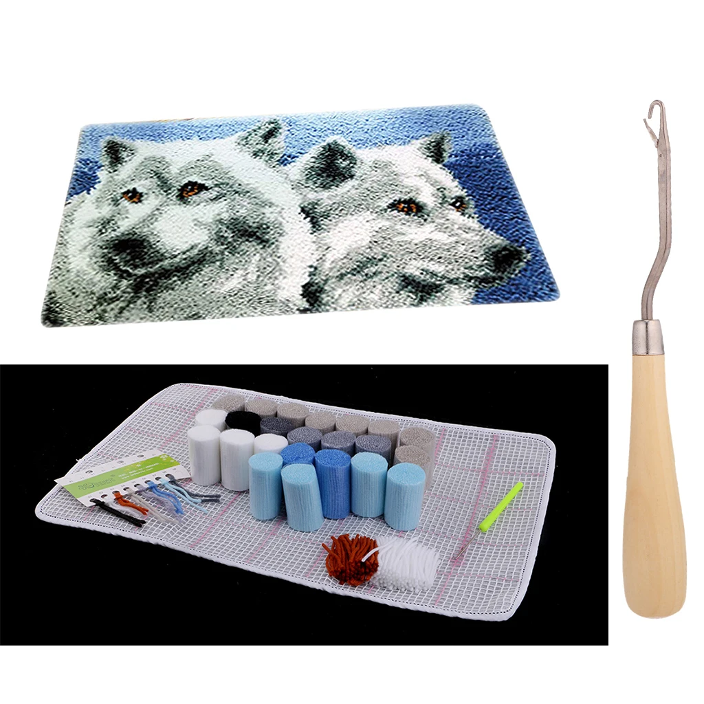 DIY Two Wolves Latch Hook Kit Rug Making Crafts for Kids/Adults, 19.6 x 11.8 inch