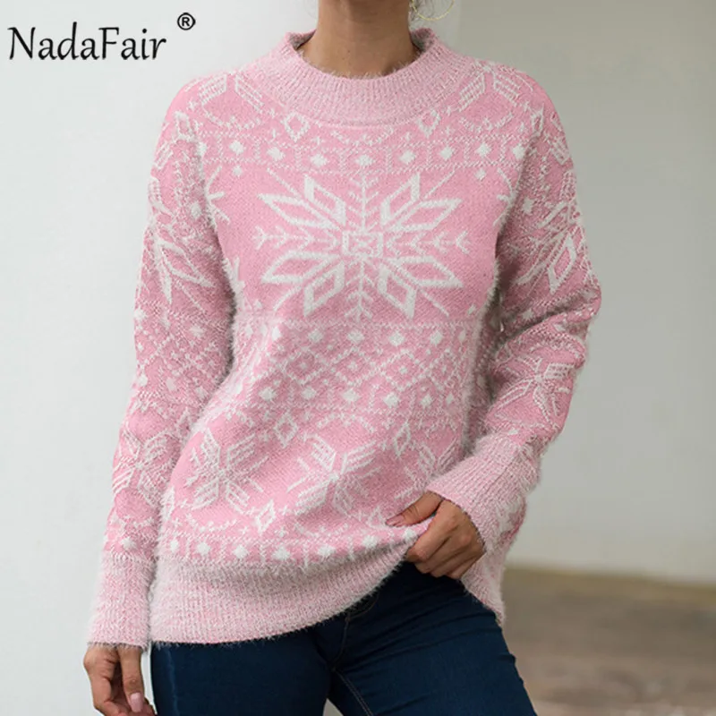 Розовый Nadafair, мохер, верх размера d, вязаный свитер, женский, снежинка, Повседневный, теплый, вязанный, Зимний пуловер, Рождественский свитер, джемпер размера плюс - Цвет: Розовый