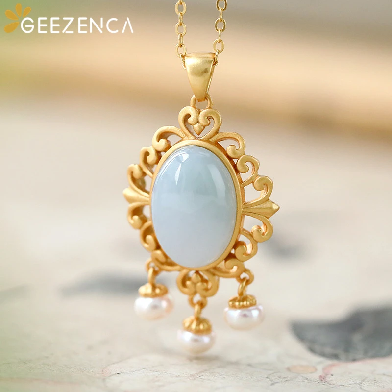 

925 Sterling Silver Jadeite Gold Plated Pendant Necklace Pearl Tassel Geometric Necklaces Fine Jewelry for Women Trendy Gift
