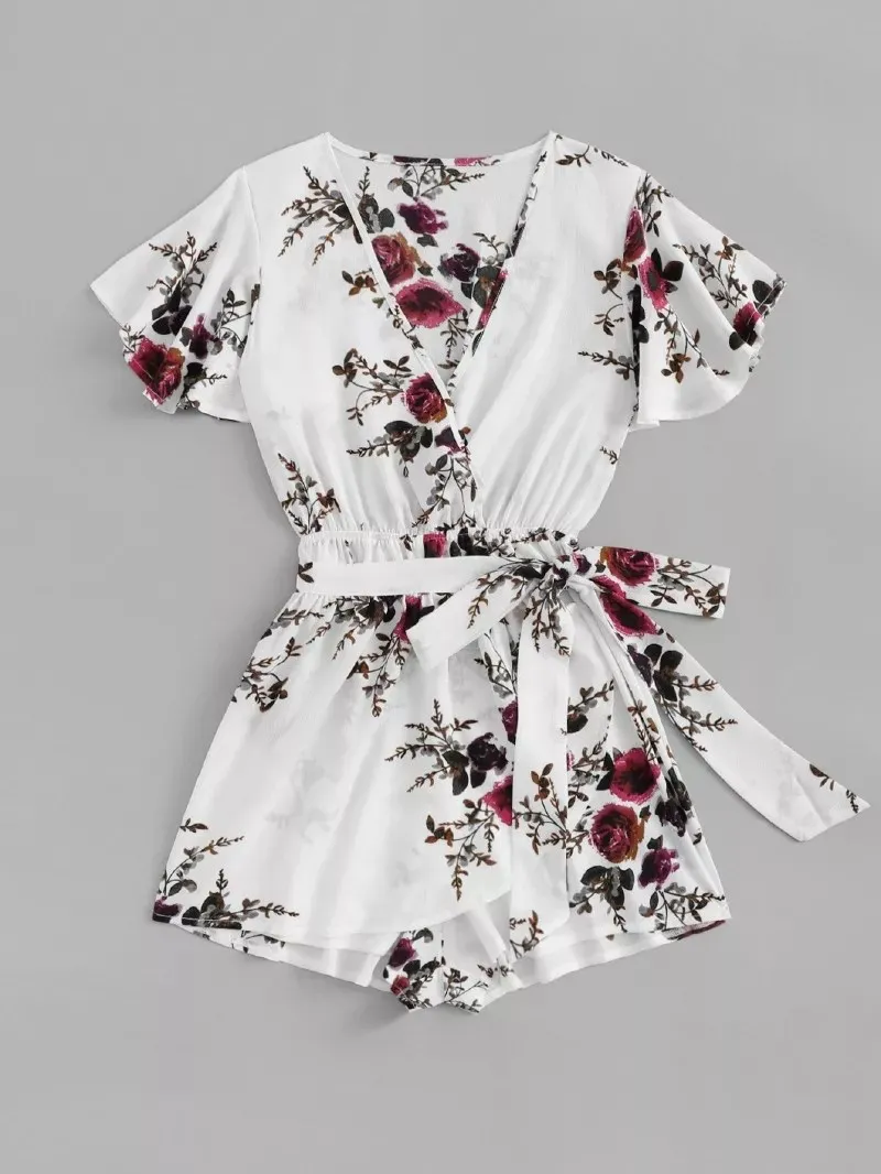 

Nice Fashion Women Floral Print Wrap Jumpsuits Sashes Summer V Neck Belt Bow Playsuit Beach Short Sleeve Romper