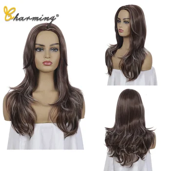 

CHARMING Long Synthetic Wigs Ombre Brown Blonde Middle Part Heat Resistant Wavy Wigs For Women Cosplay Party