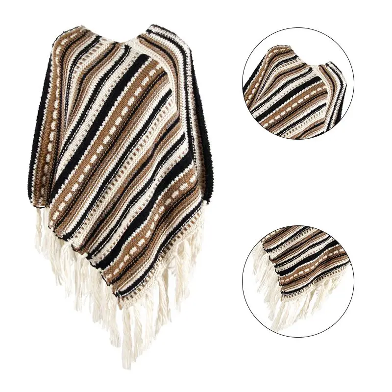 Пончо Накидки для женщин зимние теплые Boho Полосатый кисточкой Шали вязаный кашемировый шаль модный элегантный свитер