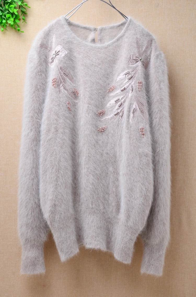 Ladies mink cashmere o-neck loose fluffy angora rabbit fur hand knitted beading pullover sweater short warm sweater products