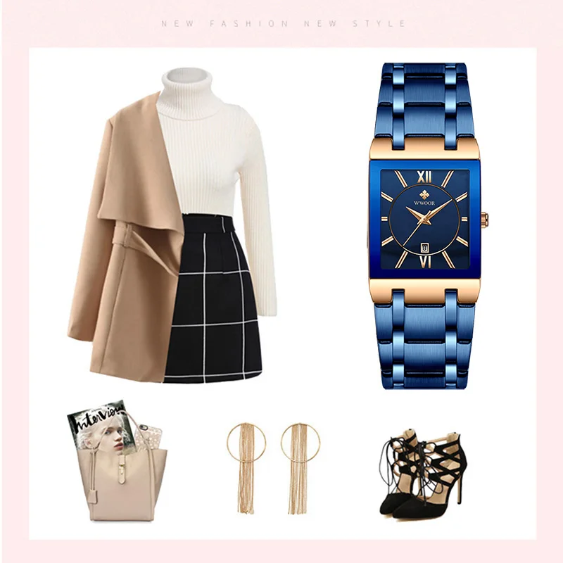 Relogio Feminino 2021 WWOOR New Women Watches Top Brand Luxury Blue Women's Bracelet Square Watch Ladies Dress Quartz WristWatch