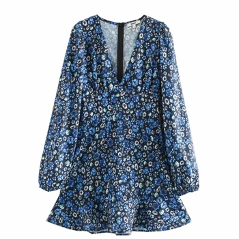 

New 2020 Women vintage v neck flower print dress chic ladies long sleeve hem ruffles vestidos casual slim mini Dresses DS3274