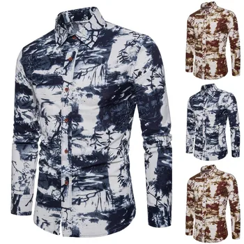 

Brown Men Shirt Retro Printed Pattern Vintage Streetwear Slim Long Sleeves Cotton Polyester Mens Shirts Blouse Camisas Hombre